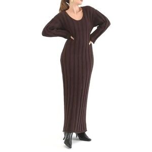 Rumored Brown Ribbed Knit Maxi Dress Lg Winter‎ Luxe Minimalist Quiet Luxury NWT